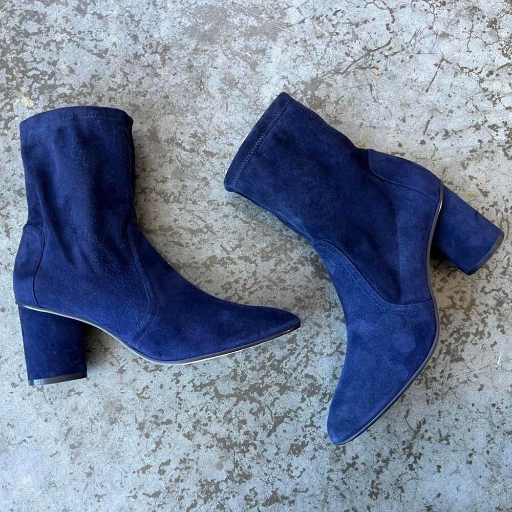 Stuart Weitzman Margot 75 Blue Suede Ankle Sock Booties Round Heel Women's 8.5